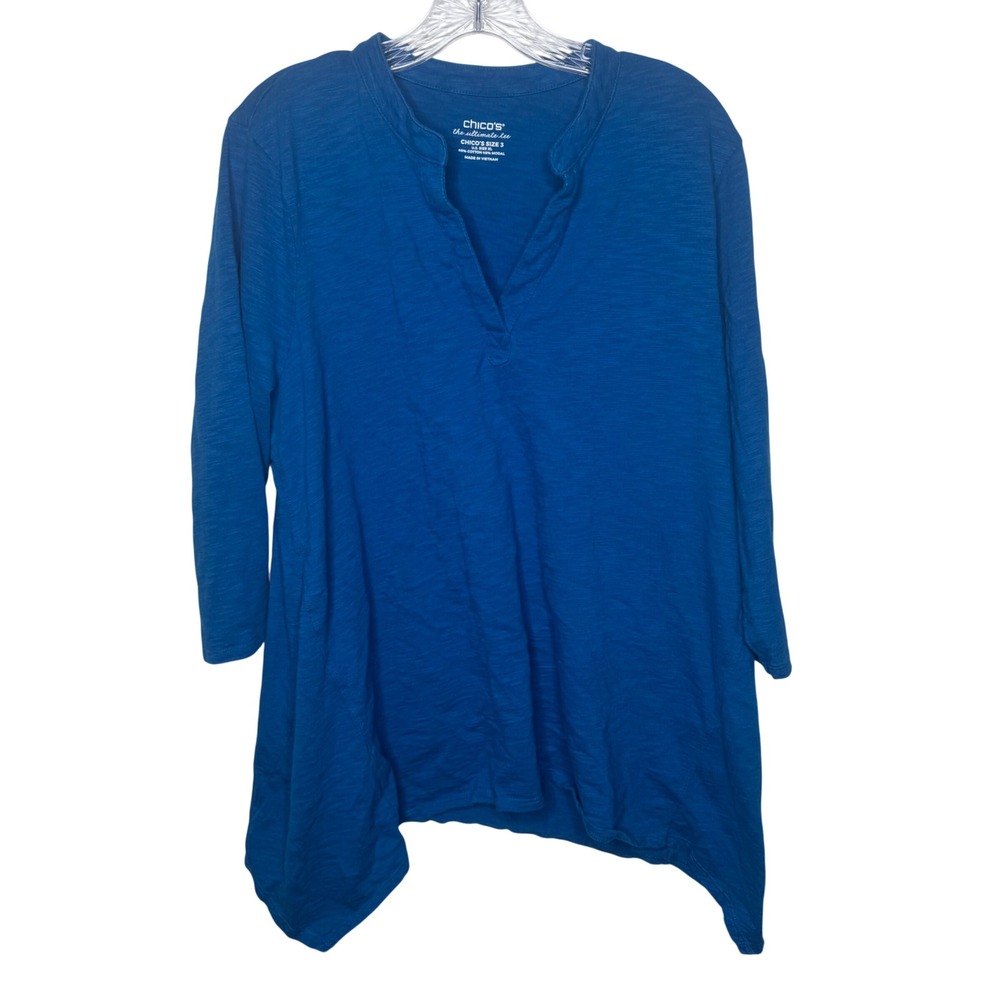 Chicos The Ultimate Tee Blue Split V-Neck Sharkbite Tunic Top Womens Size 3 XL